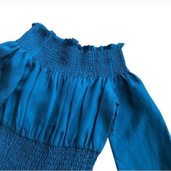 Maje Ilanda Romper XS Off-Shoulder Mini Smocked Linen Peacock Blue Luxury Party - Picture 3 of 8